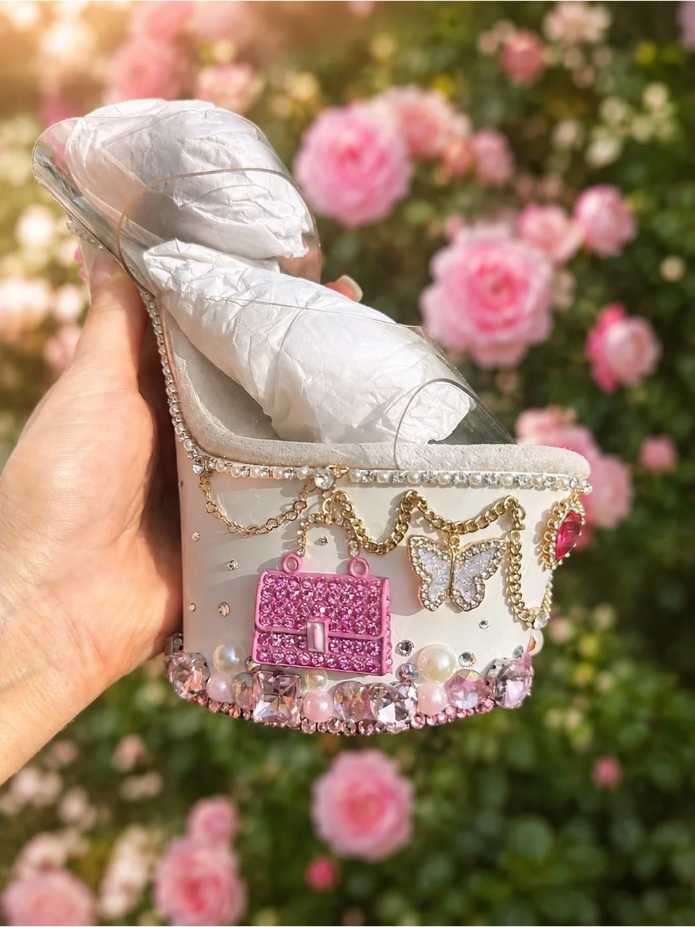 White Jeweled Platform Heels with Pink Crystal Accents